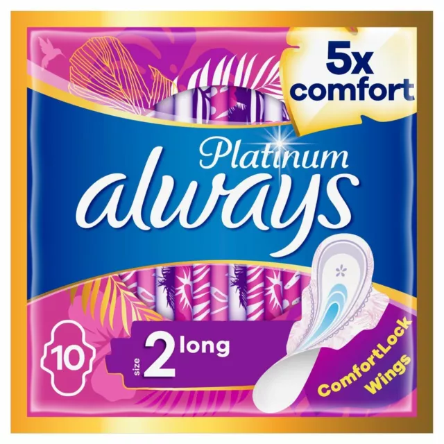 Always Platinum Long (Size 2) Sanitary Towels With Wings Pack of 10 Pads