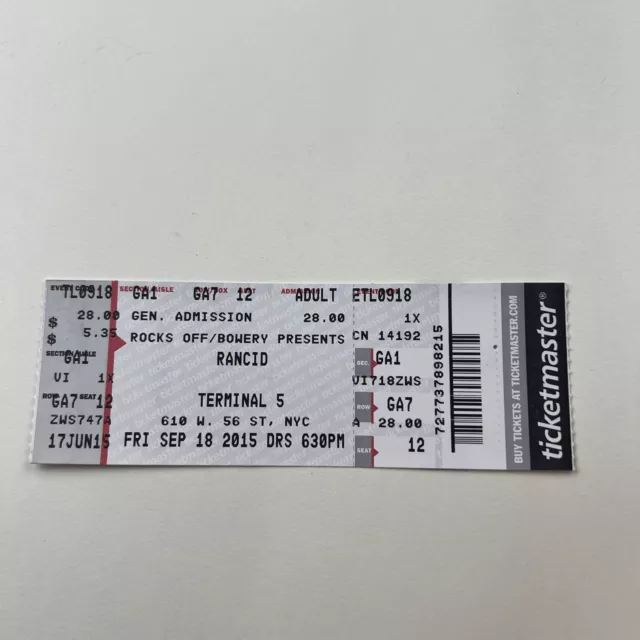 Rancid concert ticket stub September 18 2015 Terminal 5