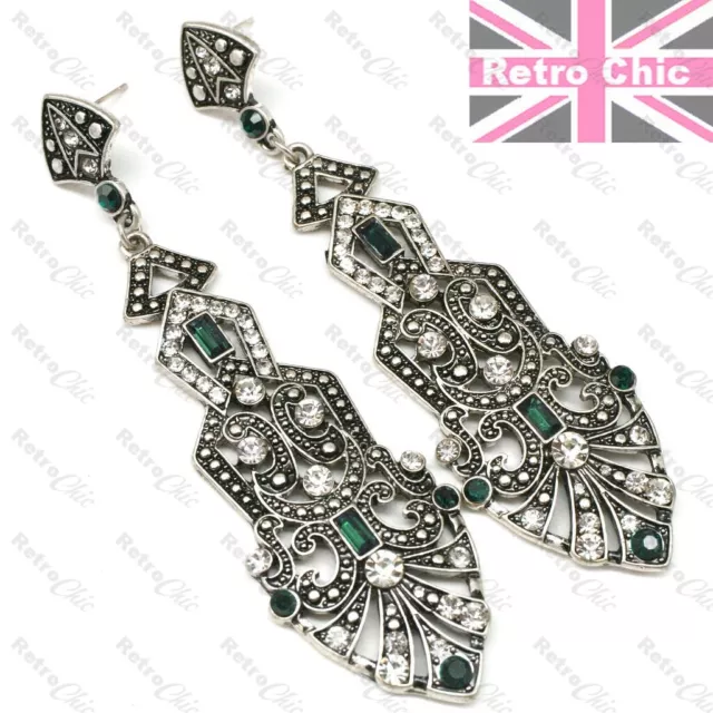 8cm Big Earrings Antique Silver Ornate Crystal Flapper Gatsby Art Deco 20s Style 2