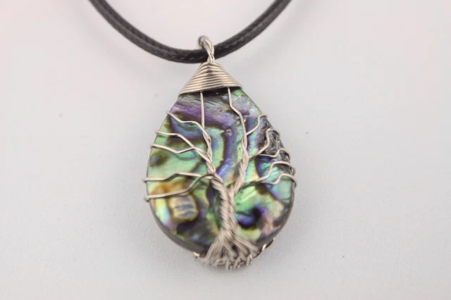 Abalone Paua shell pendant necklace wire wrapped tree of life pendant on cord