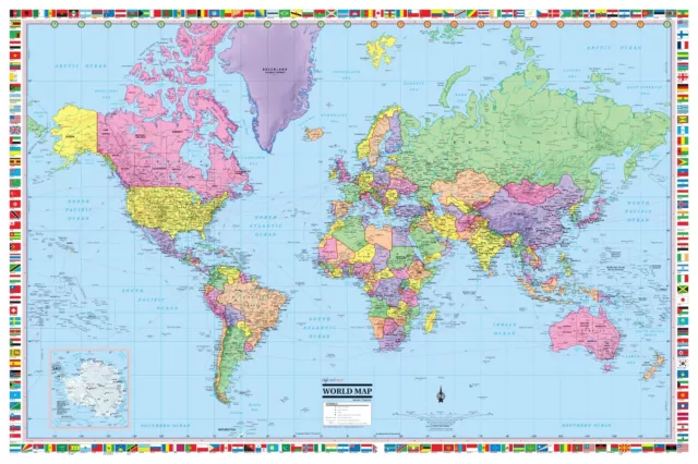World Wall Map Poster 36"x24" with Flags Paper, Laminated