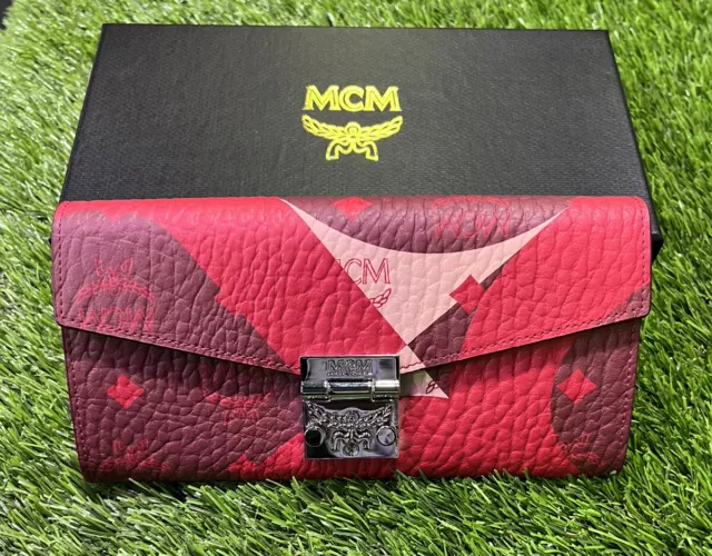 MCM Studded Leather PATRICIA Crossbody  Chain Wallet Red Monogram Visetos NEW