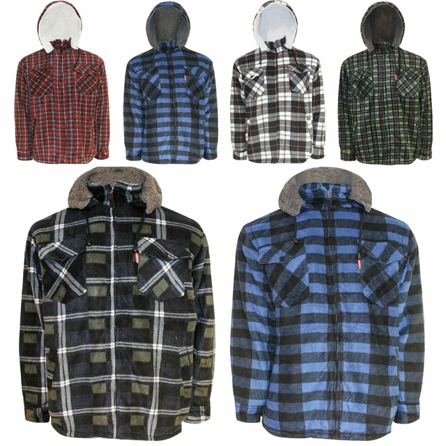 Mens Hooded Zip Jacket Warm Lumberjack Sherpa Fleece Padded Fur Lined Work Shirt