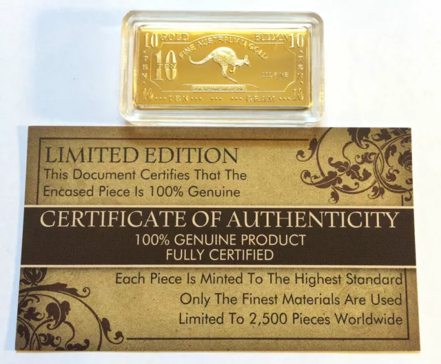 NEW 10 Gram "Kangaroo" Certified Ingot Finished in 999 Fine 24 k Gold a
