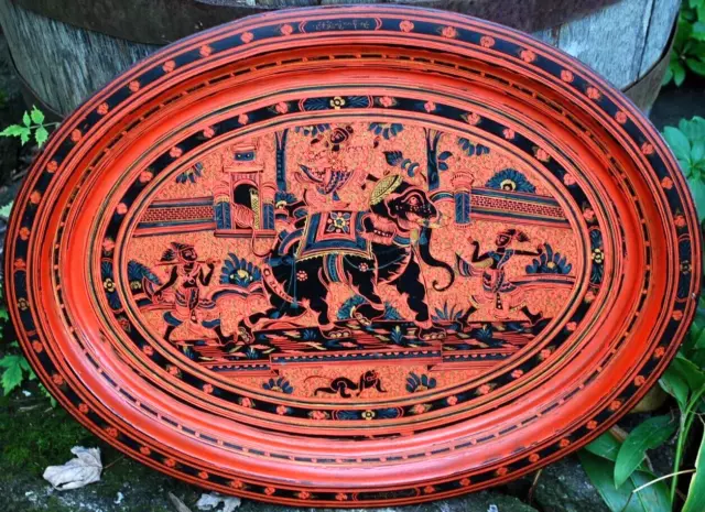 Antique 19th Century Burmese YUN LACQUERED TRAY W Label EXQUISITE 20" Elephant