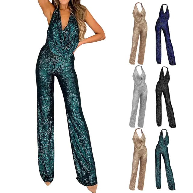 Women Sparkly Jumpsuits Sexy Sequined Halter Jumpsuit Elegant Rompers Club Party