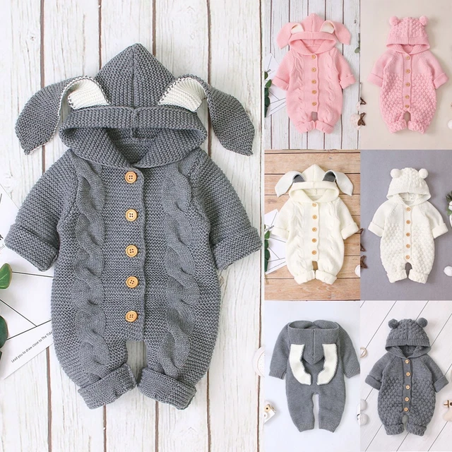 Neugeborenes Baby Mädchen Jungen Strick Strampler Mantel Kapuzenpullover