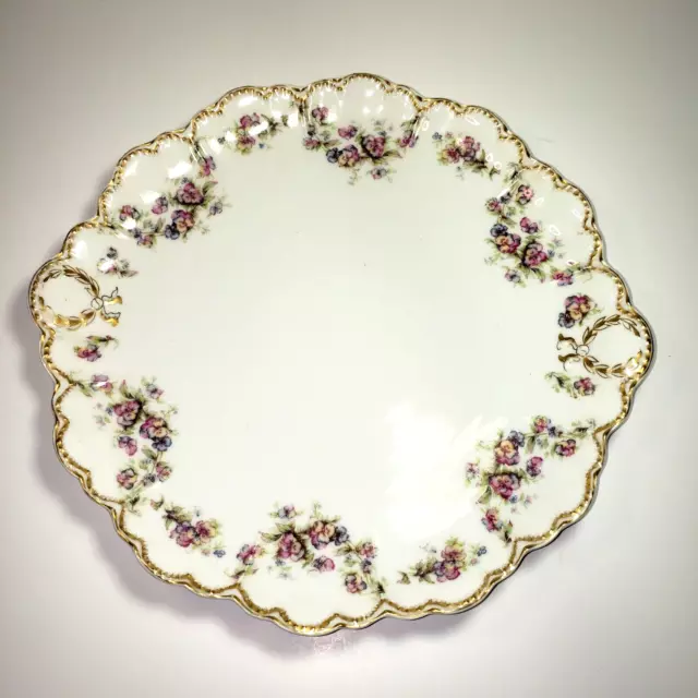 HAVILAND FRANCE LIMOGES Pink & Purple Pansies Round Cake Plate Platter Gold Trim