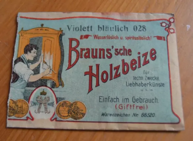Original Tüte Brauns'sche Holzbeize No. 28 Violett bläulich mit Inhalt um 1900