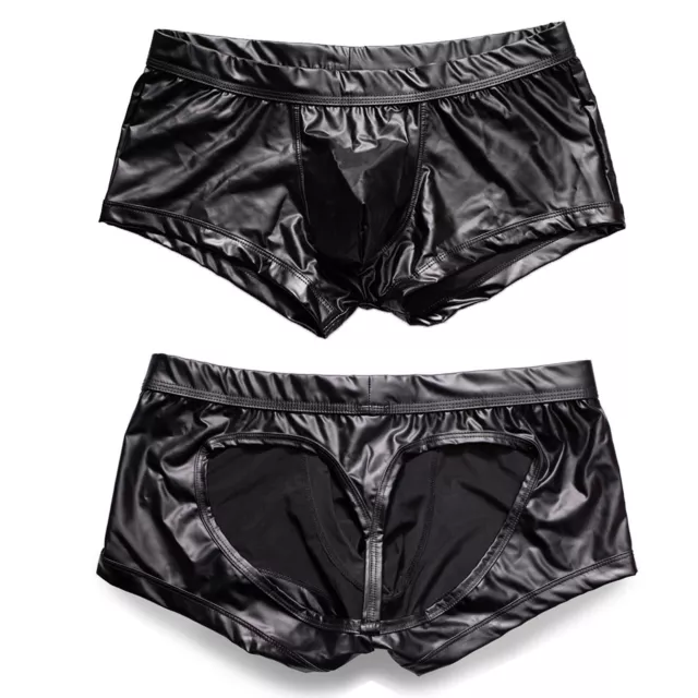 Sexy Men's Leather Hollow Out Boxer Briefs Wet Look Underwear Panties Underpants