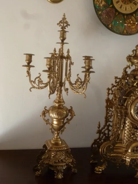 Kaminuhr Bronze Brass Mantle Clock Hermle mit 2 Kerzenhalter 6-flammig 3