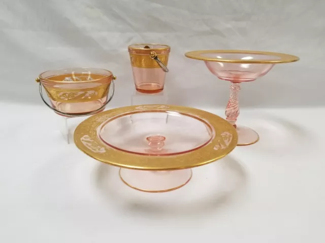 Set of 4 Tiffin Rambler Rose Pink Depression Glass Buckets Pedestal Dish Platter