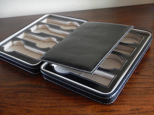 Coffret De Rangement Pour 4 Montres - Noir à Coutures Blanches - Faux Cuir - Neuf