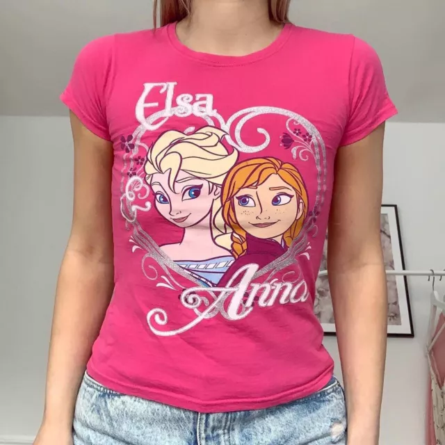 T-shirt bambino crop top Frozen Anna Elsa Disney stampa grafica rosa caldo taglia S