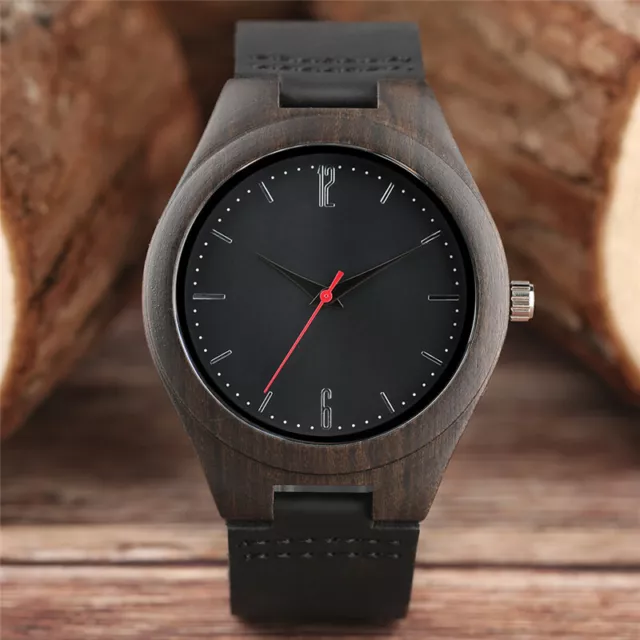 Casual Men's Wooden Watches Leather Band Wood Watch Quartz Analog Wristwatch