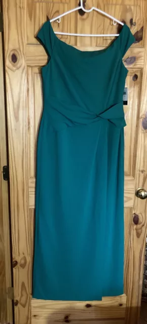 Lauren Ralph Lauren Crepe Off The Shoulder Formal Gown Emerald Green Sz 14 NEW