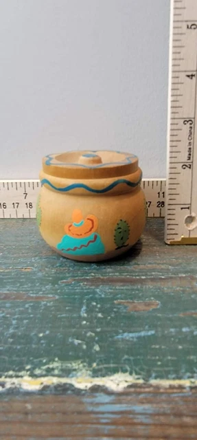 Vintage Southwestern Mexican Hand Painted Wooden Small Jar Trinket Holder