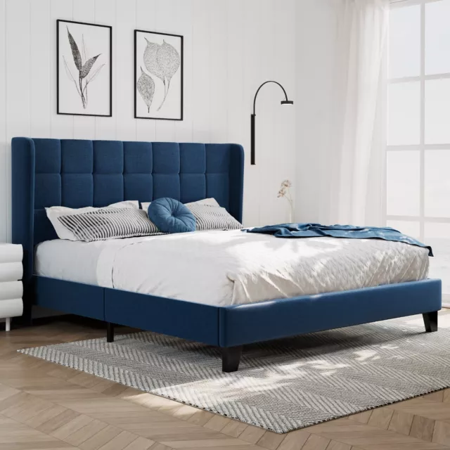 Stylish Wingback Platform Bed NoBox Spring Needed Full Queen King Size Bed Frame