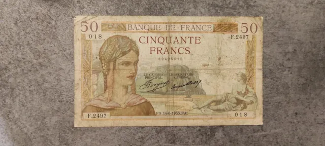 France Billet de 50 Francs Cérès  du 14/08/1935 F.2497 Ref : F.17/14