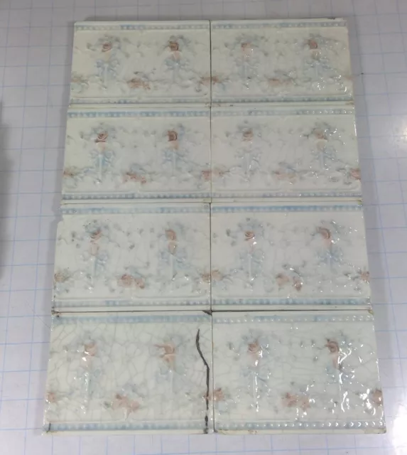 (8) 6" x 4 1/4" Vintage ANTIQUE Reclaimed Restoration PTW Rose CERAMIC Trim TILE