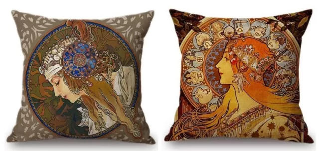 Lot de 2 Housses de coussin d’oreiller en lin – Style Art Nouveau Décor Mucha