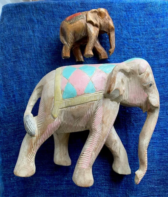 Wooden Elephants Painted Hand Carved Largest 8in/20cm High