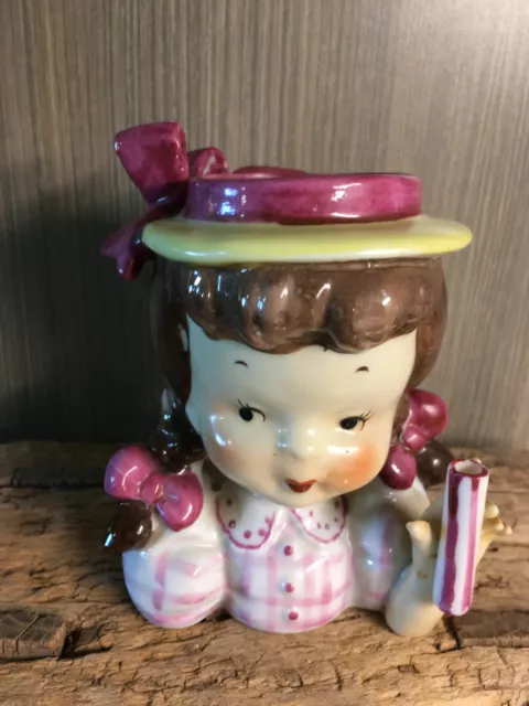 Vintage Napco Japan Pigtail Ceramic Girl Head Vase Pink Gingham No Umbrella
