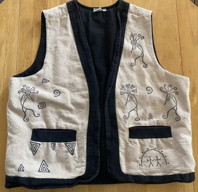 Vintage Venus Imports Linen Vest Kokopelli Southwest Design Size L Black/Beige