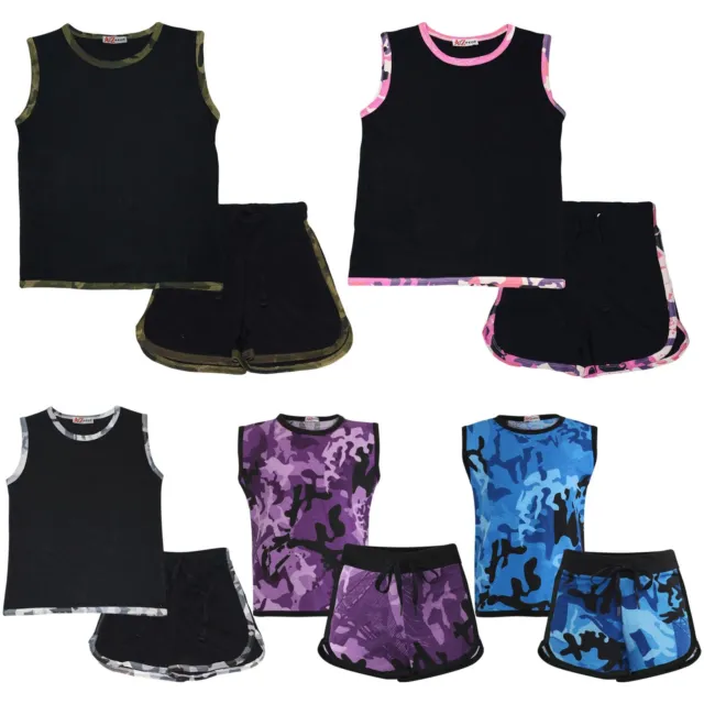 Kids Girls Shorts Set 100% Cotton Camouflage Taped Summer Vest Top Short 5-13 Yr