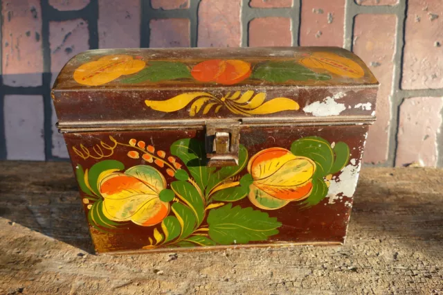 Antique toleware tin hand painted  document box 19th c 9 x 5.5 x 6.5 inches