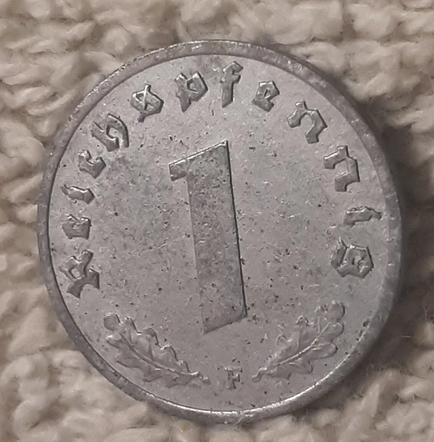 1943 F, WW2  1 Reichspfennig ~ German ~ WWII Germany ~  Circulated Coin ~