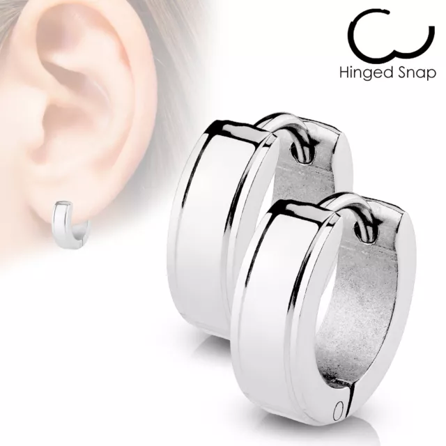 Step Edge Surgical Steel Huggie Style Hoop Earrings