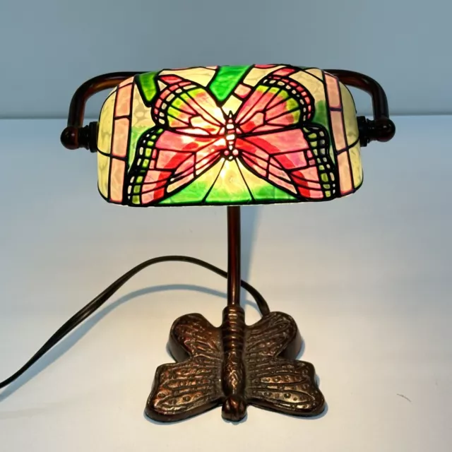 Desk Lamp Banker Tiffany Style Butterfly Stained Glass Metal Base Electric