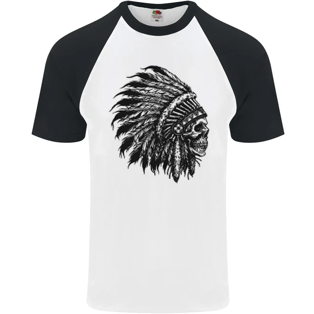 Indian Skull Headdress Biker Motorbike Mens S/S Baseball T-Shirt