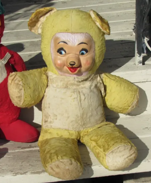 Vintage Rubber Face Plush Teddy Bear Yellow White Vtg Doll Rushton Gund Xl 24"