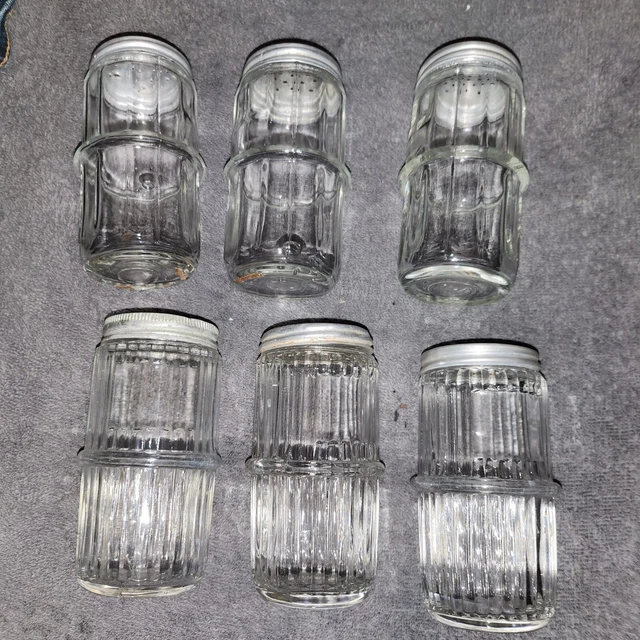 6 Vtg Hoosier Ribbed Glass Spice Jars 4.25" tall 4 with Adjustable Shaker Lids