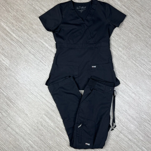 Grey's Anatomy Scrubs Set XS Top & XXS Petite Pants Black Stretch Waist by Barco