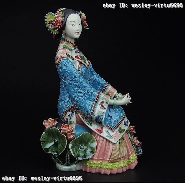 Chinese Pottery Wucai Porcelain Art Home Sit Woman Ladies Lotus Flower Statue