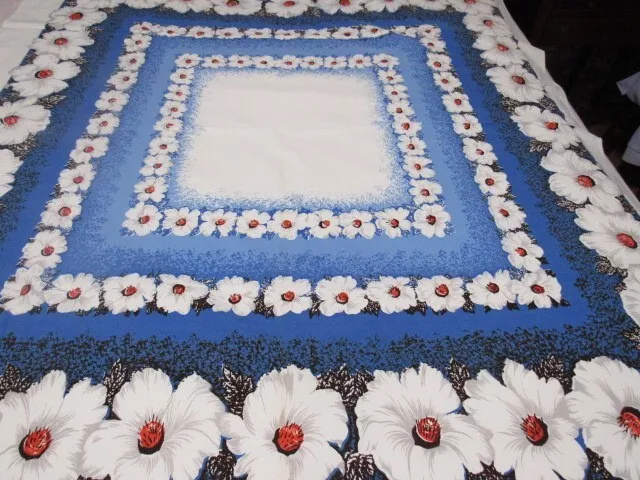 Vintage Bright Blue White Orange Floral Cotton Tablecloth 51x46