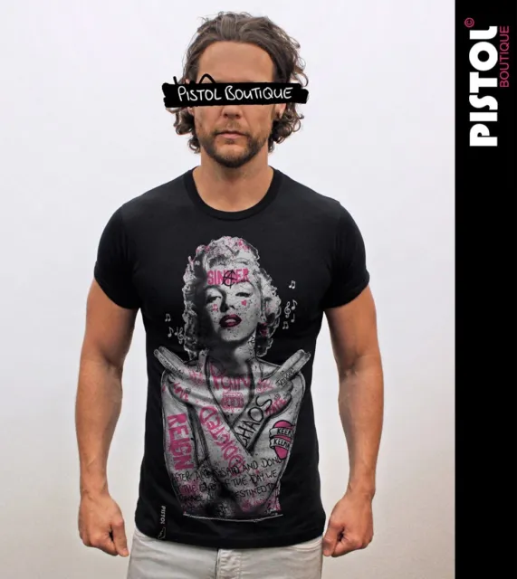 Pistol Boutique Men's Black Fitted GRAFFITI TATTOO MARILYN MONROE T-shirt LARGE