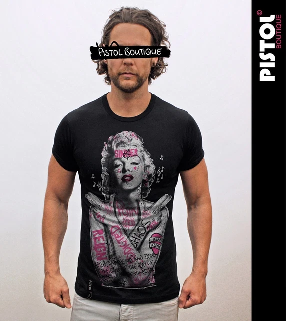 Pistol Boutique Men's Black Fitted GRAFFITI TATTOO MARILYN MONROE T-shirt LARGE