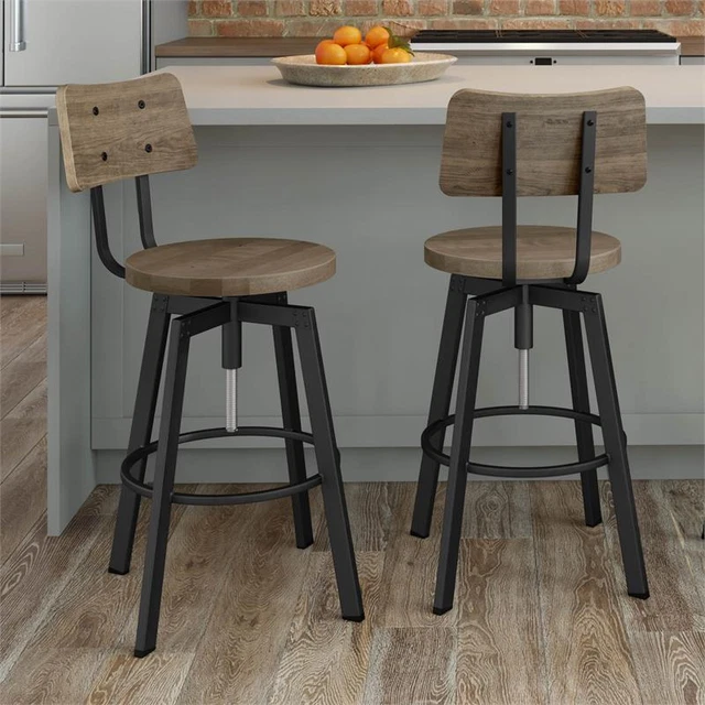 Amisco Woodland Adjustable Stool - Beige Distressed Wood / Black Metal