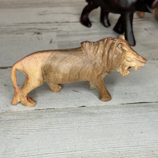 Lot of 4 Wooden Hand Carved Jungle Animal Figurines Giraffe, Lion, 2 Elephants 3