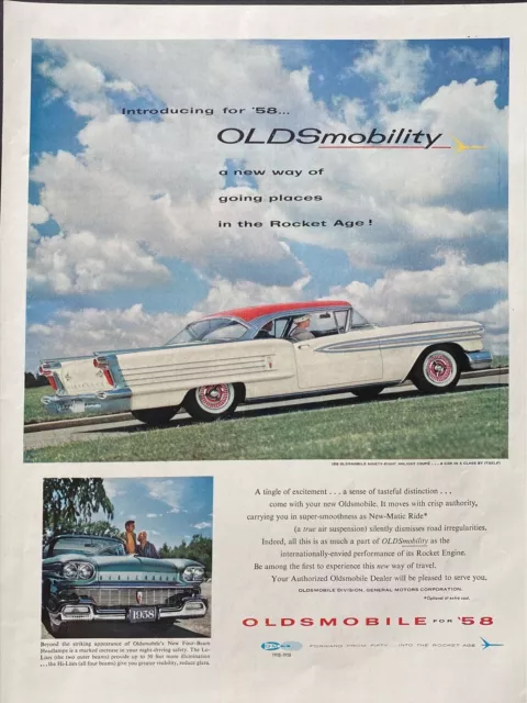 1958 Oldsmobile Ninety Eight Holiday Coupe Car Vintage Magazine Color Print Ad