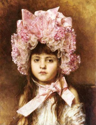 Art nice Oil painting Alexei Harlamoff - The Pink Bonnet - Nice little girl