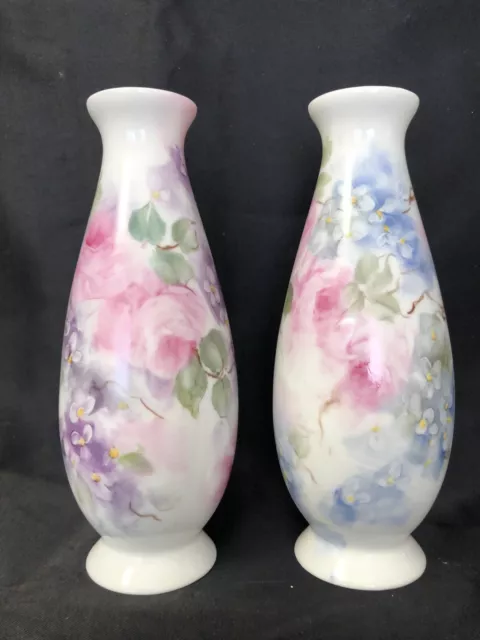 hand painted porcelain bud vase pink roses/lavender/blue flowers Handpainted