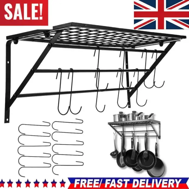 Wall Mounted Kitchen Utensils Pan Pot Hanging Rail Rack 10 Hooks Hanger Shelf UK