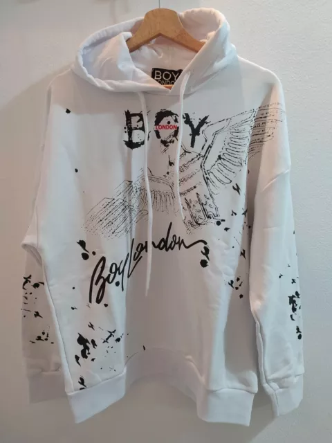 BOY LONDON FELPA Uomo Donna Unisex Cappuccio Bianca Logo Blu7468