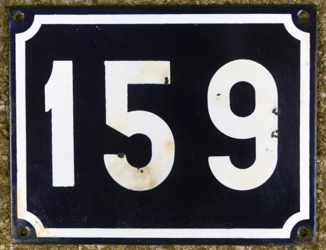Large old blue French house number 159 door gate plate plaque enamel sign NOS