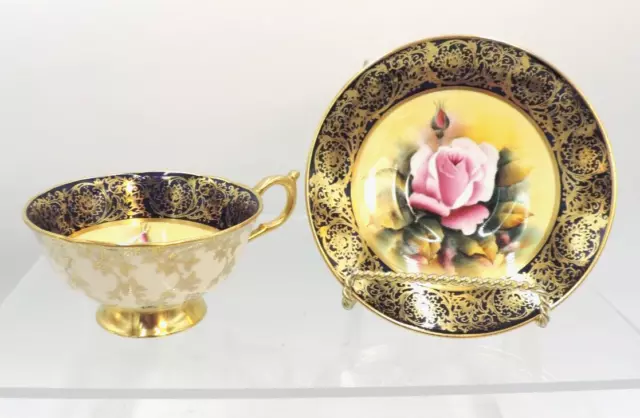 Paragon Bone China Tea Cup & Saucer Floating Rose Gold Filigree on Cobalt Blue